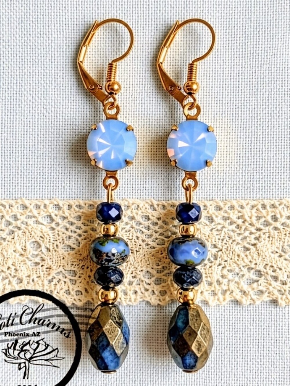 Victorian Swarovski Crystal Blue Opal & Gold Etched In Gold Plated Drop Earrings